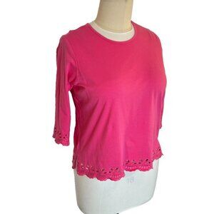 Women's XL Anthony's Blouse Pink Eyelet Embroidered Trim 3/4 Sleeve Boat Neck